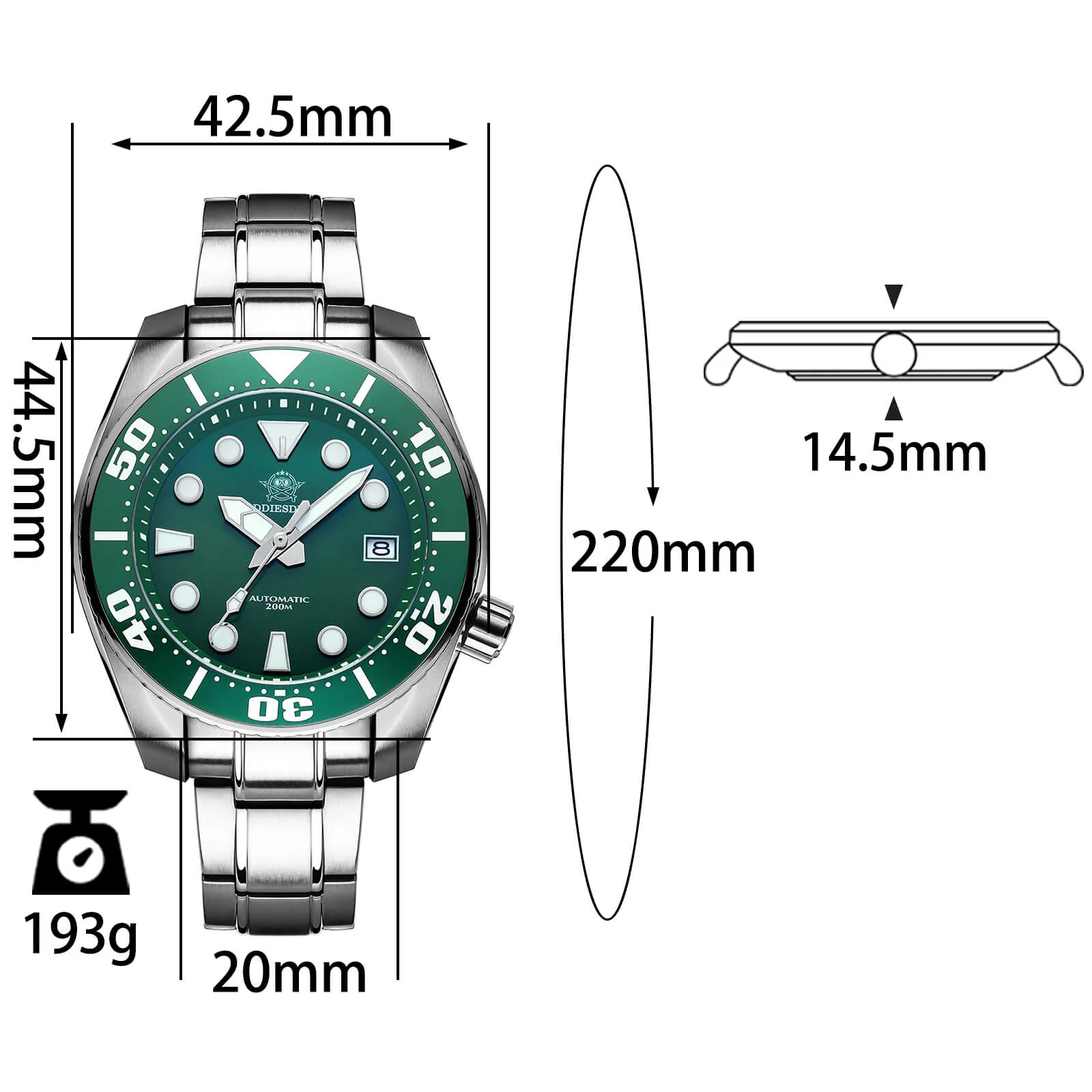 ADDIESDIVE® Sumo Green Professional Dive Watch for Men 44.5mm (MY-H10) Black/Green Dial - Image 2